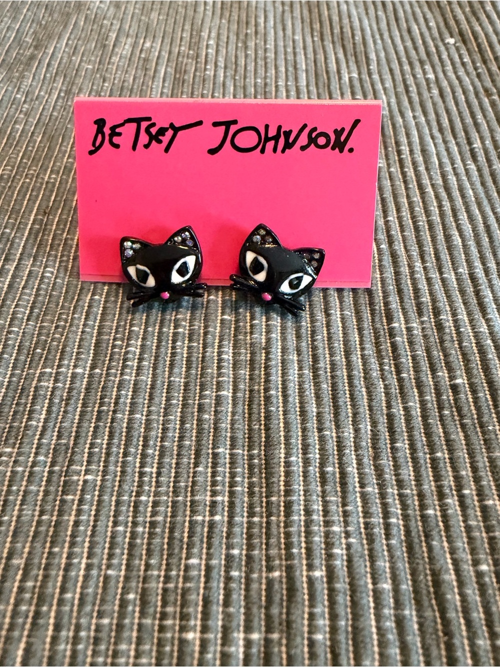 Betsey Johnson Black Cat Stud Earrings with White Eye and Pink Nose Accents